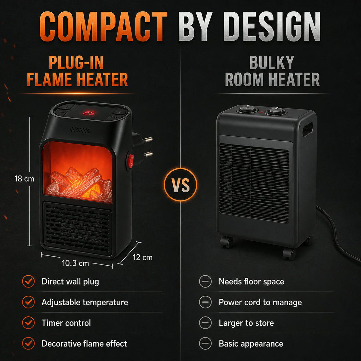 Electric Fireplace Heater – Realistic LED Flame |