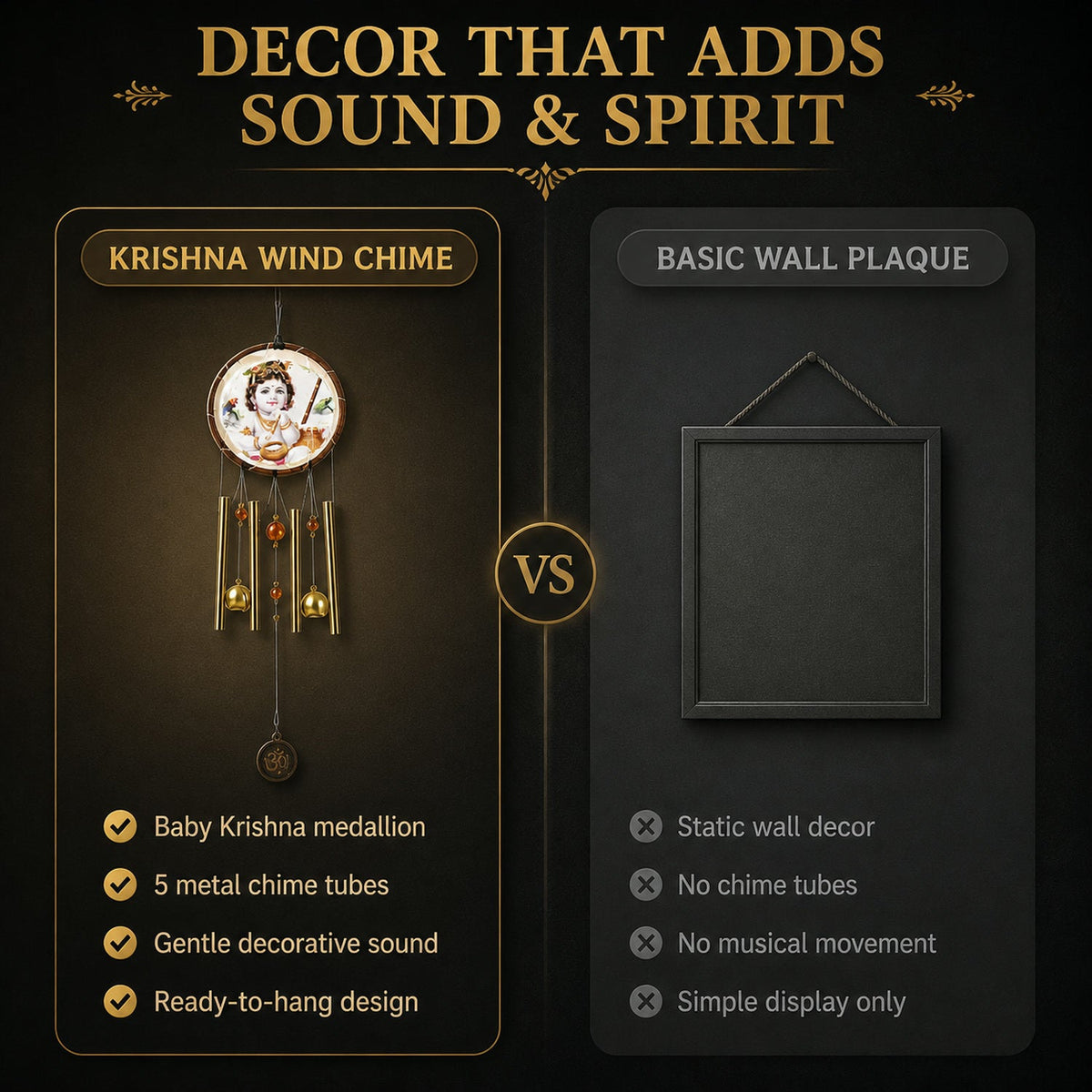 A graphic comparing the Krishna wind chime with a basic wall plaque, highlighting the sound and spirit features.
