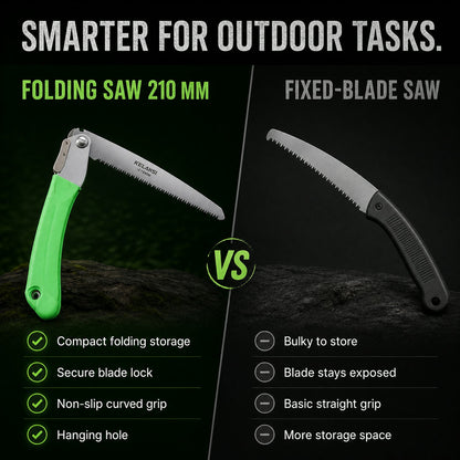 A comparison graphic shows the green folding saw next to a fixed-blade saw, highlighting their features.