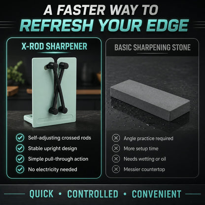 A comparison graphic showing the mint green X-rod sharpener versus a basic sharpening stone, highlighting benefits.