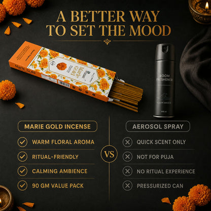 An orange box of Marie Gold incense sticks next to a black room freshener spray can and marigolds.