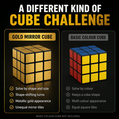 A comparison graphic showing a gold mirror cube and a basic color cube, detailing their differences in challenge and