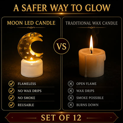 Comparison graphic showing a moon LED candle versus a traditional wax candle, highlighting safety benefits.
