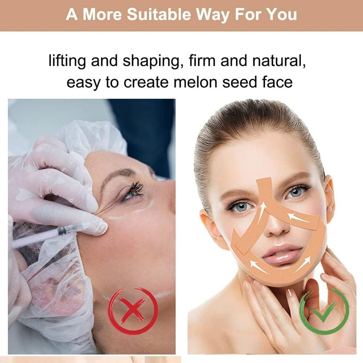 A comparison showing a person receiving an injection on the left and a woman with face tape applied on the right.