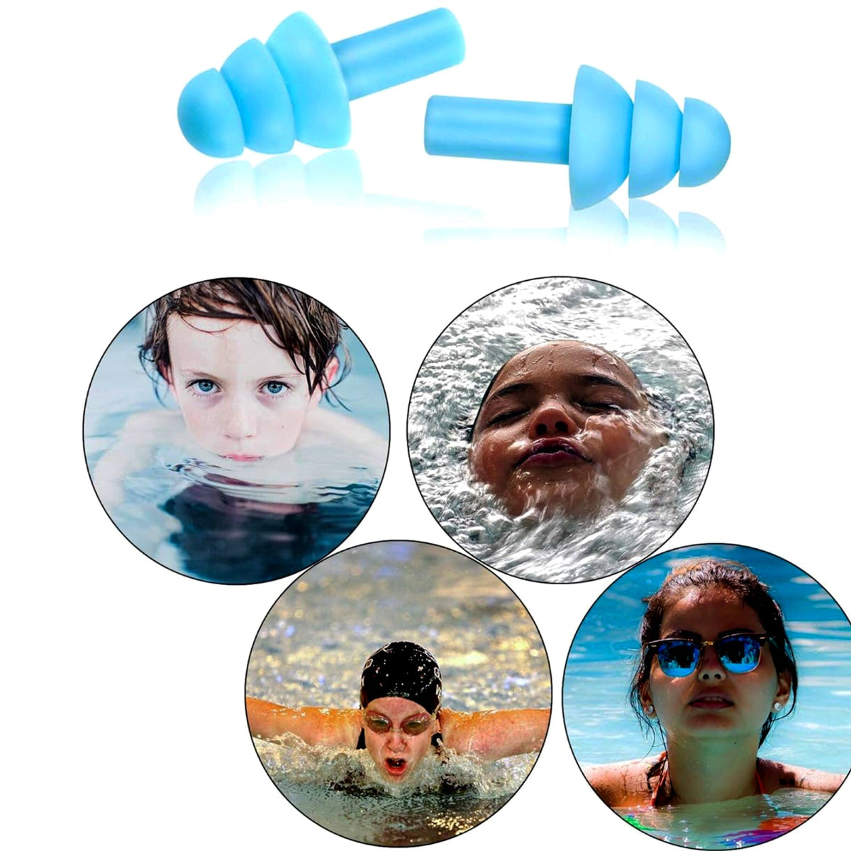 Two light blue silicone earplugs are shown above four circular insets of children swimming and wearing earplugs.