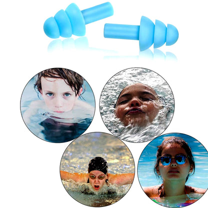 Two light blue silicone earplugs are shown above four circular insets of children swimming and wearing earplugs.