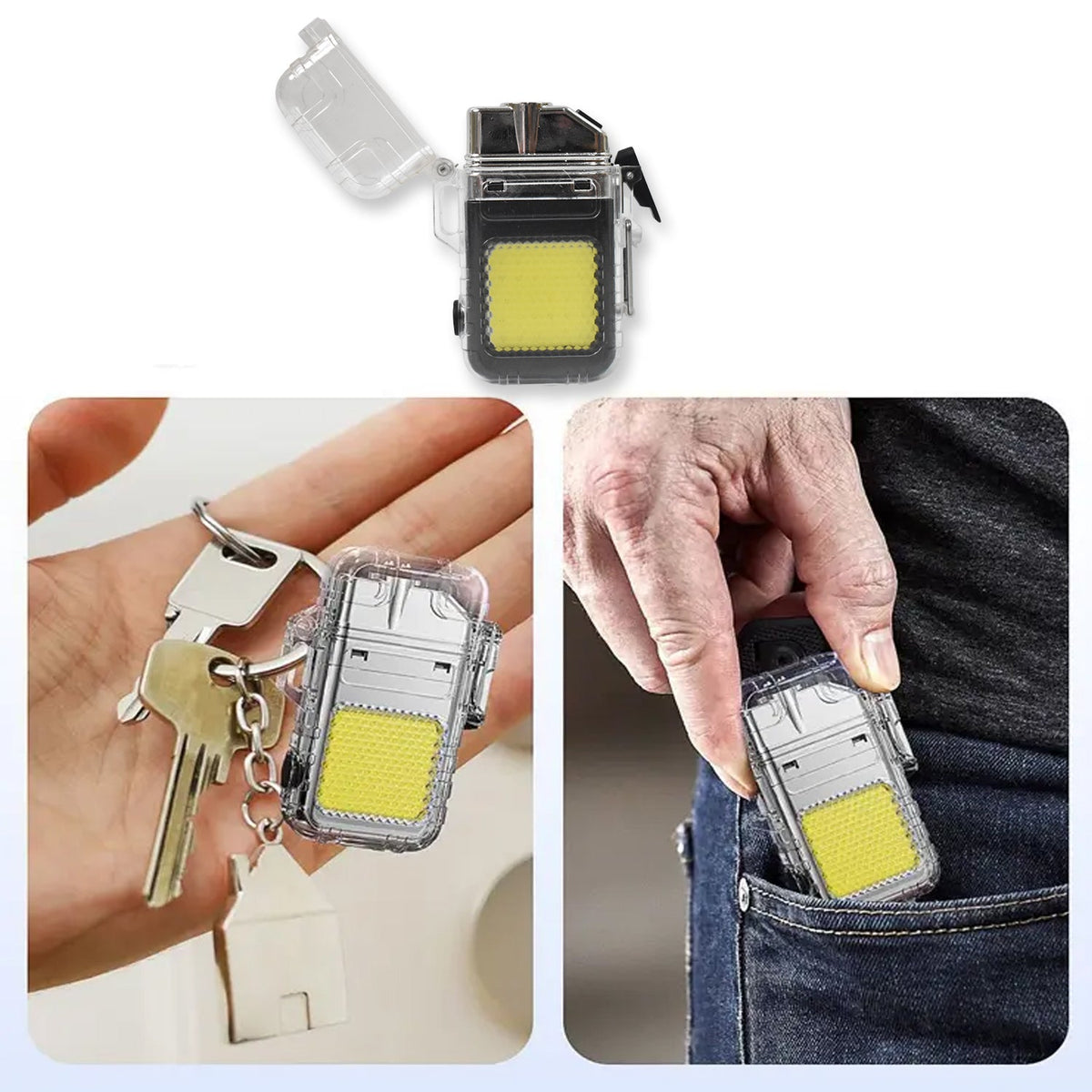 The clear waterproof electric lighter and flashlight is shown attached to a keychain and being placed into a jeans pocket.