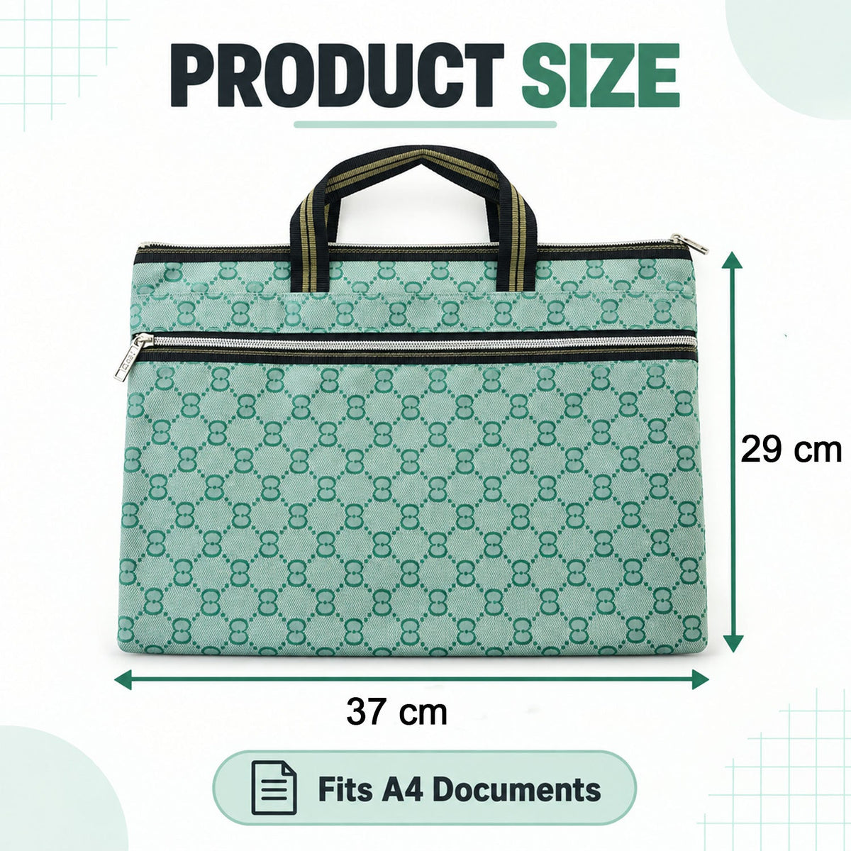 A green patterned document bag with black and gold handles, displaying its dimensions of 37 cm by 29 cm, fitting A4