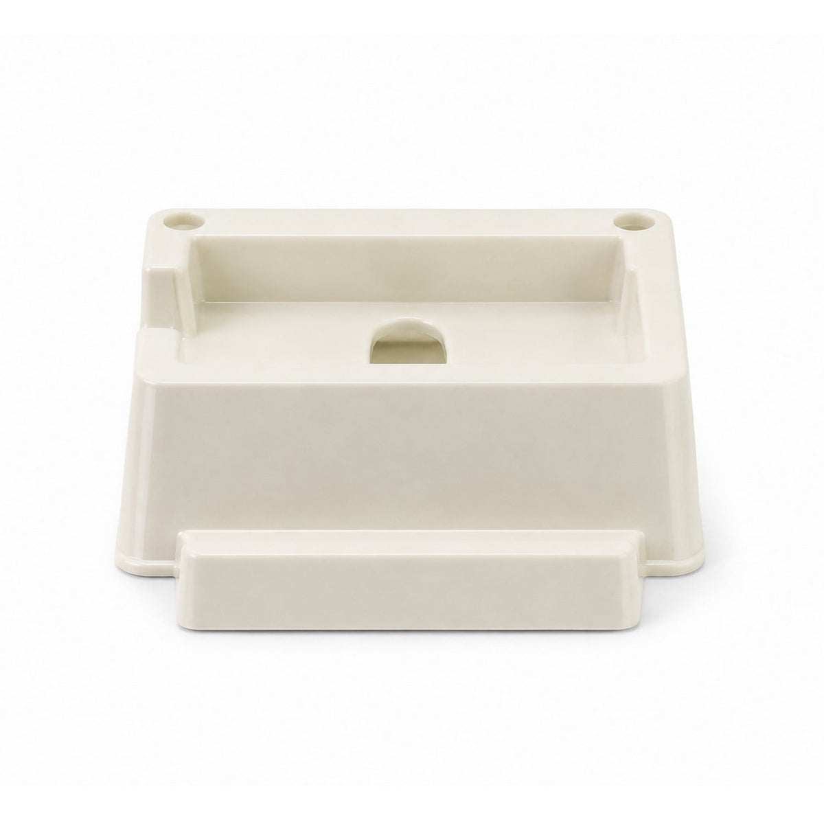 A cream plastic phone stand with two small holes and a larger central opening is shown from the front.
