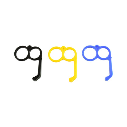 Three plastic finger ring phone holders in black, yellow, and blue on a plain white background.