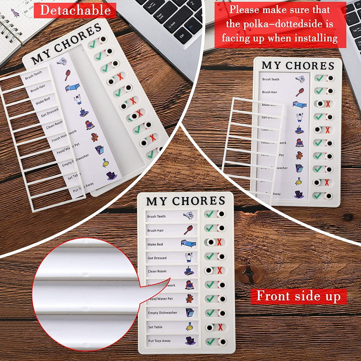 Three views of the 'MY CHORES' board, highlighting its detachable chore list and showing the front side up.