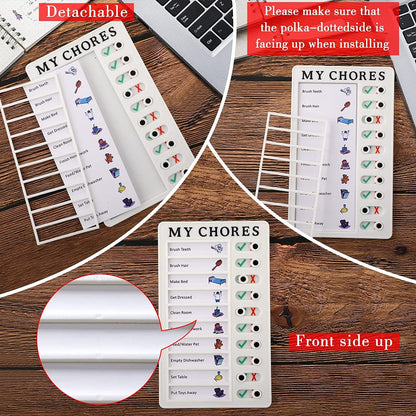 Three views of the 'MY CHORES' board, highlighting its detachable chore list and showing the front side up.