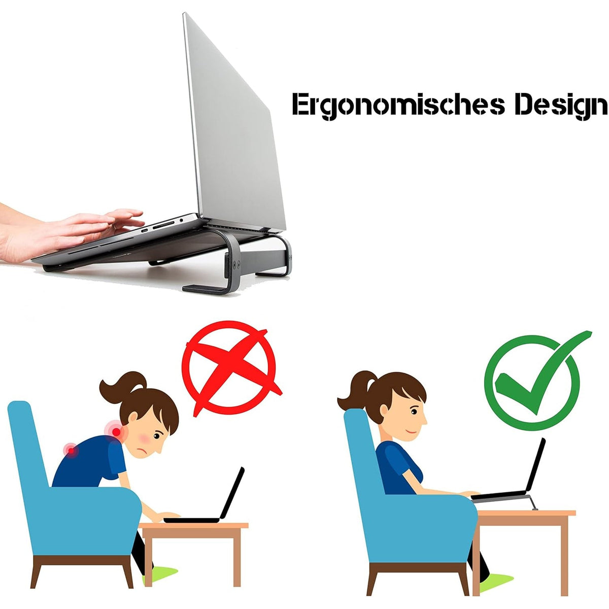 Illustrations show proper ergonomic posture with a laptop stand versus poor posture without one.