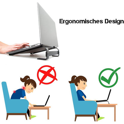 Illustrations show proper ergonomic posture with a laptop stand versus poor posture without one.
