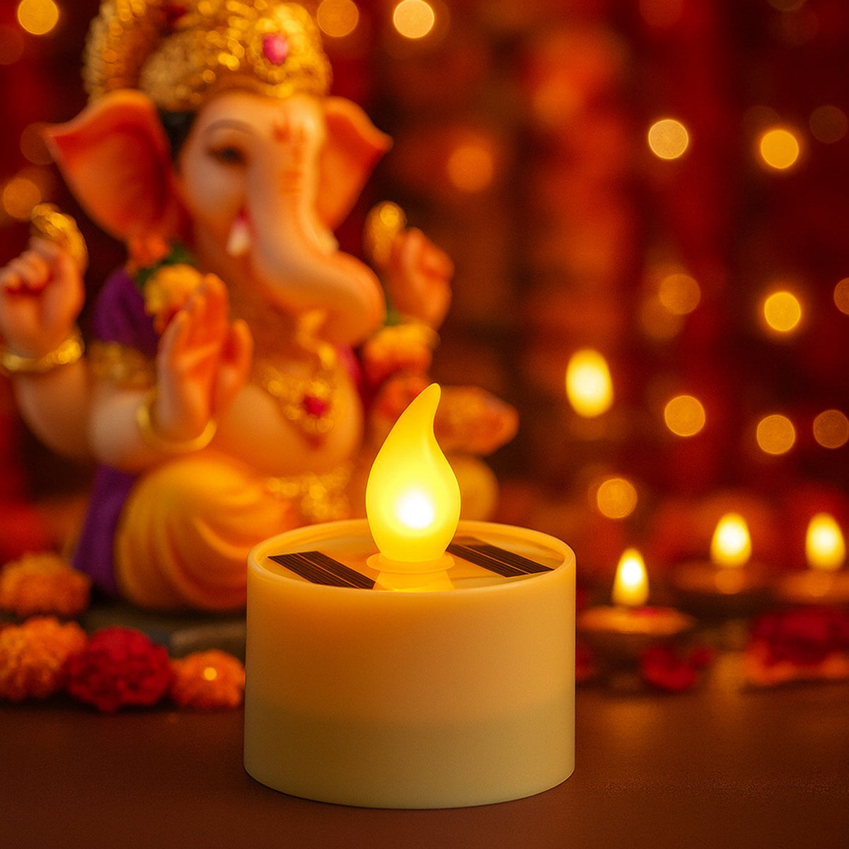 A glowing solar LED candle lamp in the foreground with a blurred Ganesha statue and bokeh lights in the background.
