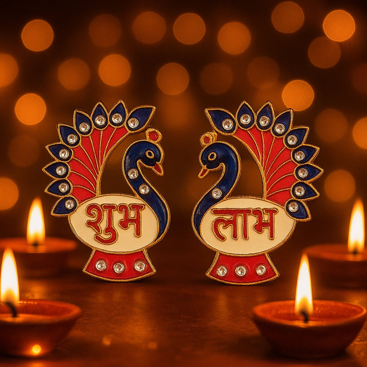The two peacock Shubh Labh decorations are displayed with lit oil lamps and blurred background lights.