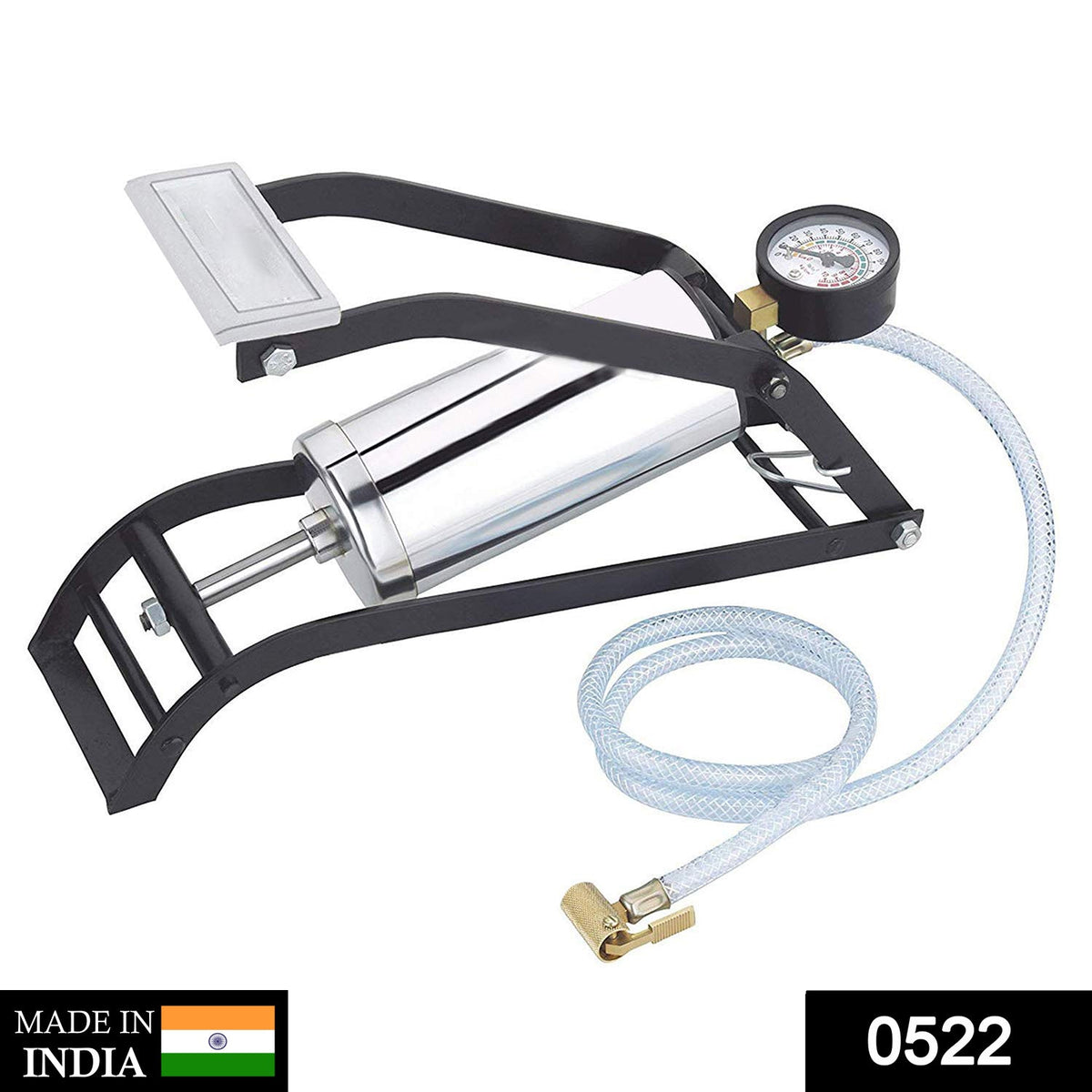 A black and silver foot pump with a pressure gauge and a clear hose is displayed on a white background.