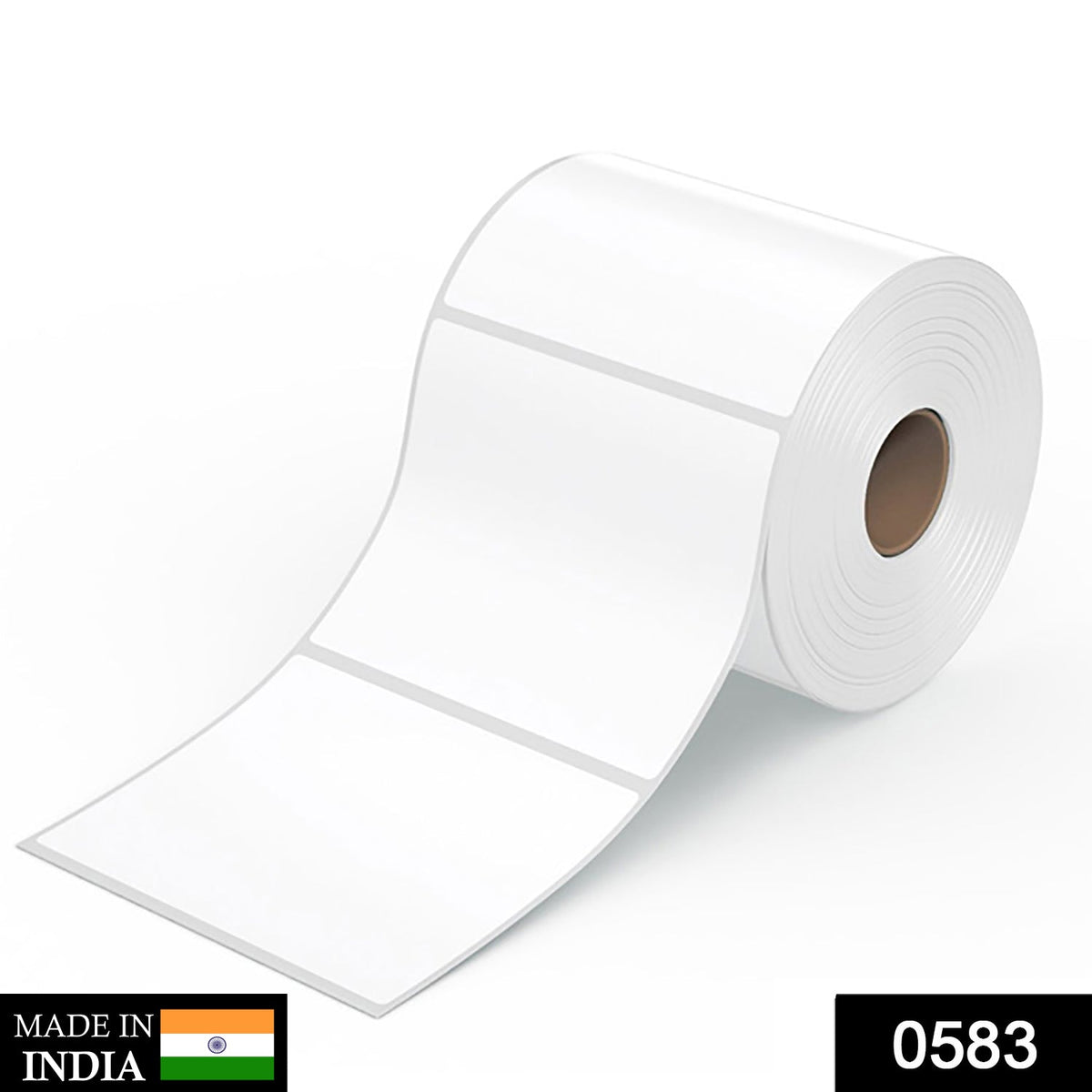 A large roll of white thermal labels with a brown core, showing three blank labels unrolled, with a 'Made in India' badge.