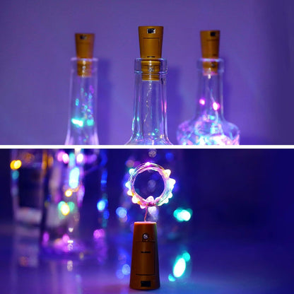 A split image showing three clear bottles with cork lights on top, and the bottom half showing one cork light with coiled