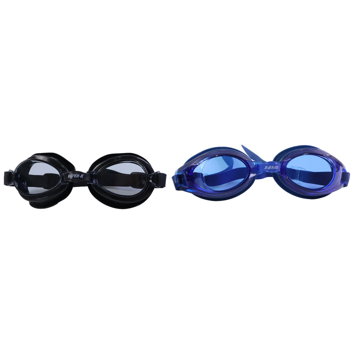 Two pairs of swimming goggles, one black and one blue, with clear lenses, displayed side-by-side with their respective