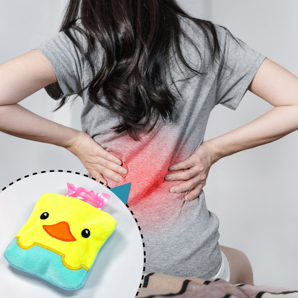 A woman holds her lower back with a red glow, with an inset of the yellow duck hot water bag.