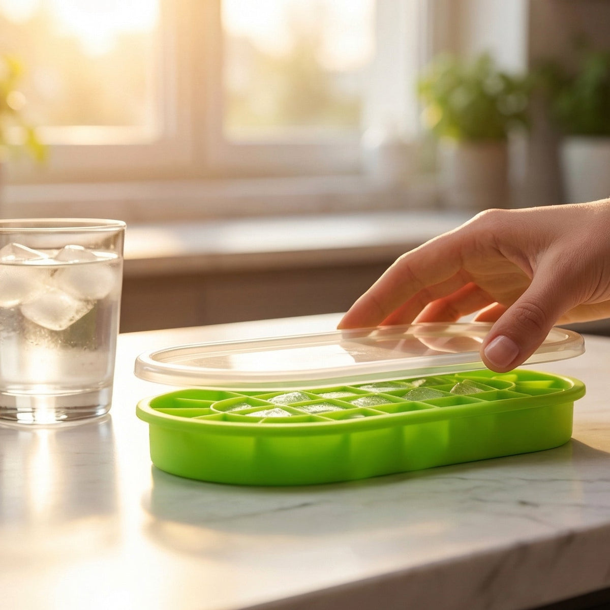 A hand placing a clear lid onto a green oval silicone ice cube tray filled with ice on a marble countertop.