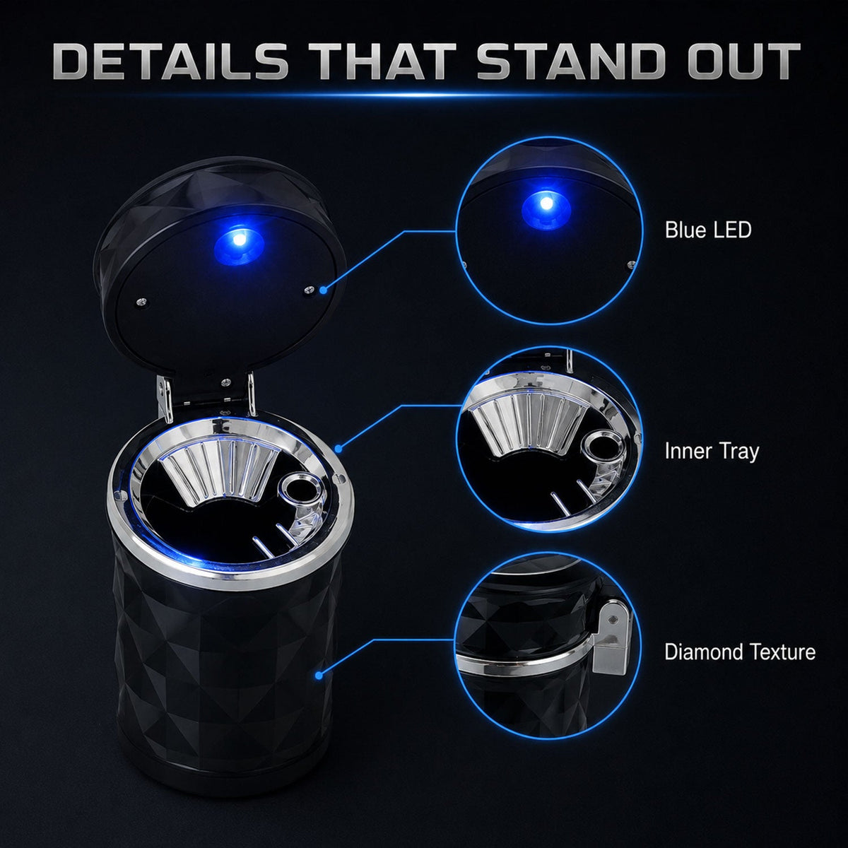 A black car cup holder ashtray with close-ups highlighting its blue LED, inner tray, and diamond texture.