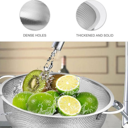 A stainless steel strainer bowl with kiwis and limes being rinsed under water, with close-ups of dense holes and thickened