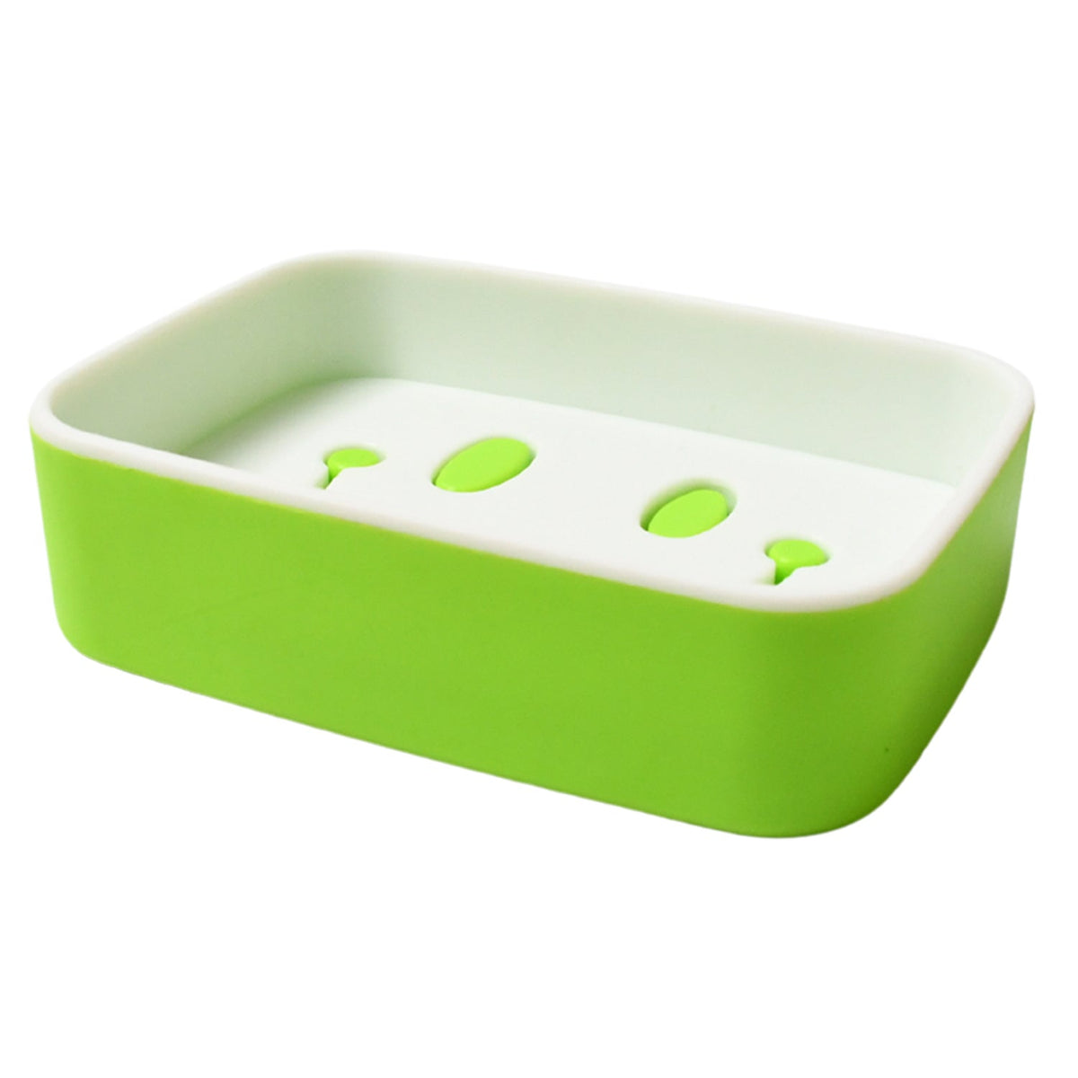 A green and white rectangular soap dish with a white draining insert featuring green oval and circular holes.