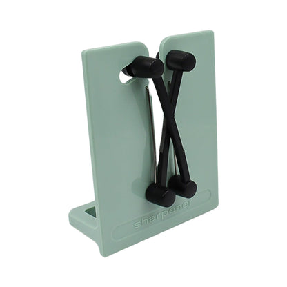A mint green X-rod knife sharpener with black rods on a white background.