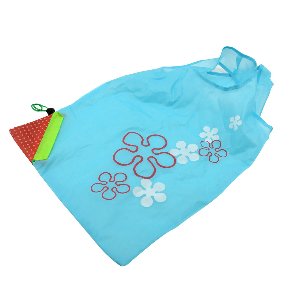 A light blue reusable shopping bag with red and white flower designs is displayed on a white background.