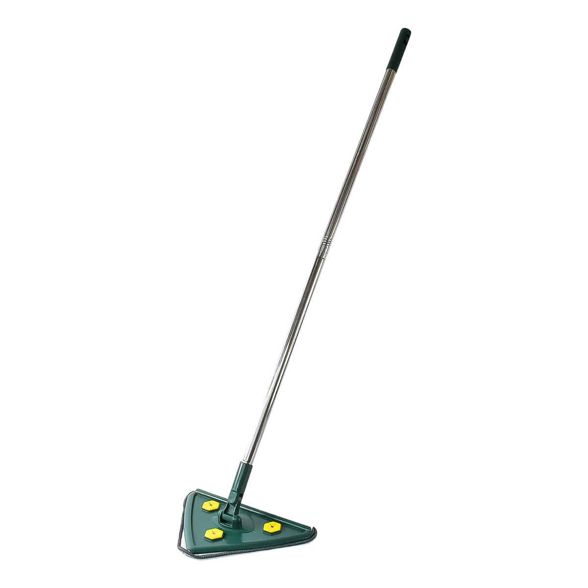 A green triangle mop with a silver extendable handle is positioned diagonally against a plain white background.