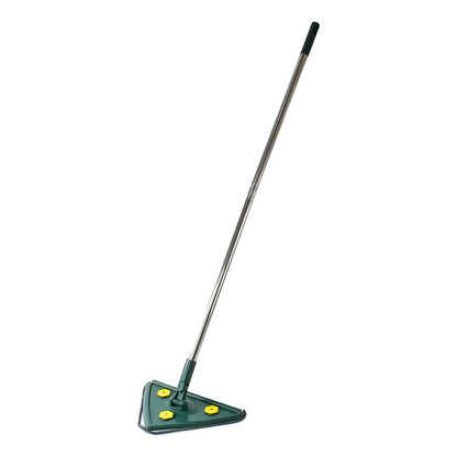 A green triangle mop with a silver extendable handle is positioned diagonally against a plain white background.