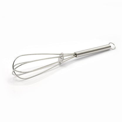 A small silver stainless steel spring coil whisk is shown on a plain white background.