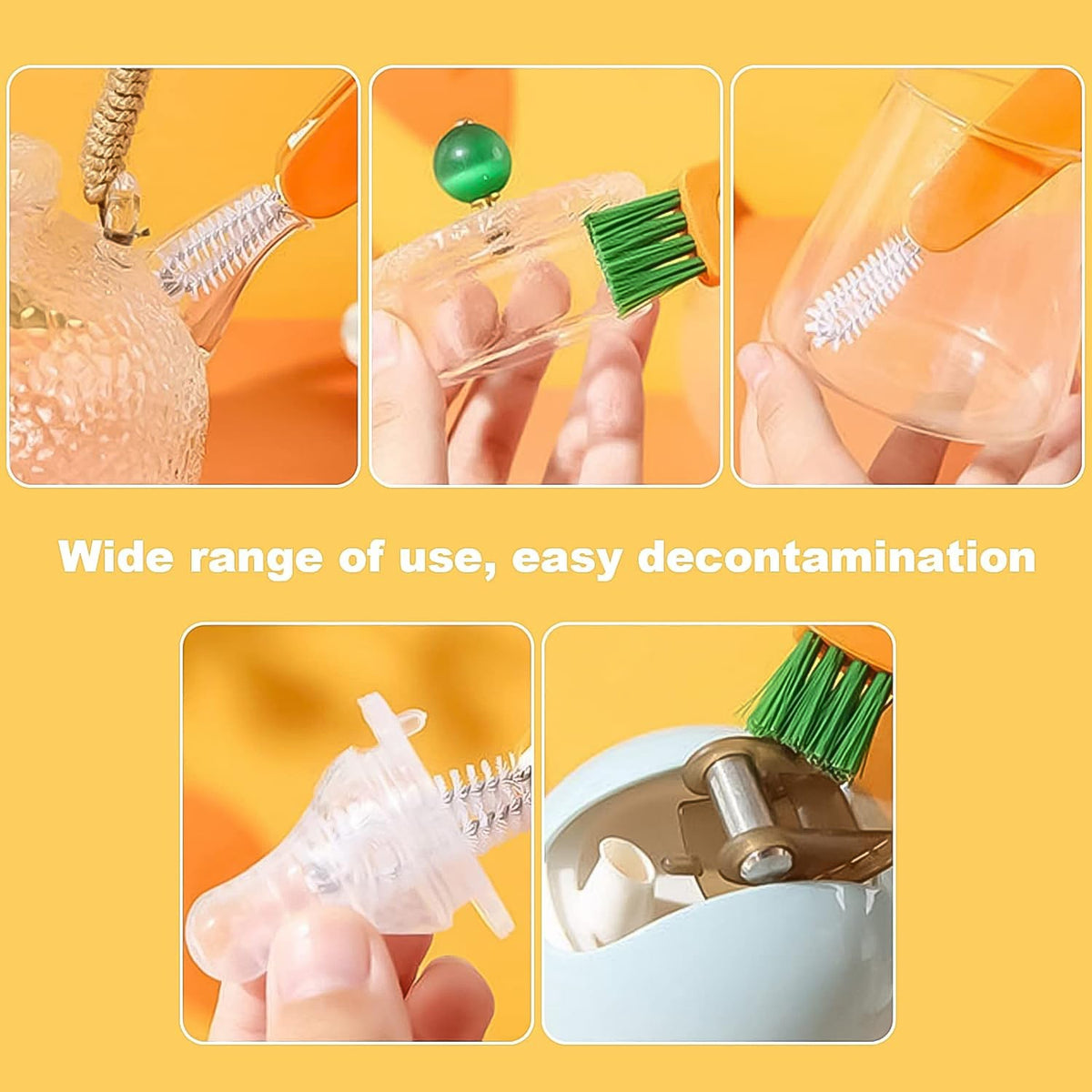 Five close-up panels show the orange 3-in-1 brush cleaning different items like a teapot spout and a baby bottle nipple.