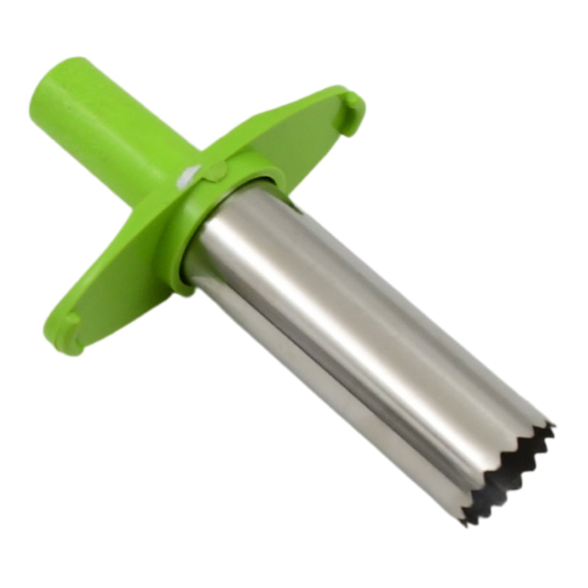 A green and silver chili corer is angled on a white background, highlighting its shiny stainless steel tube.