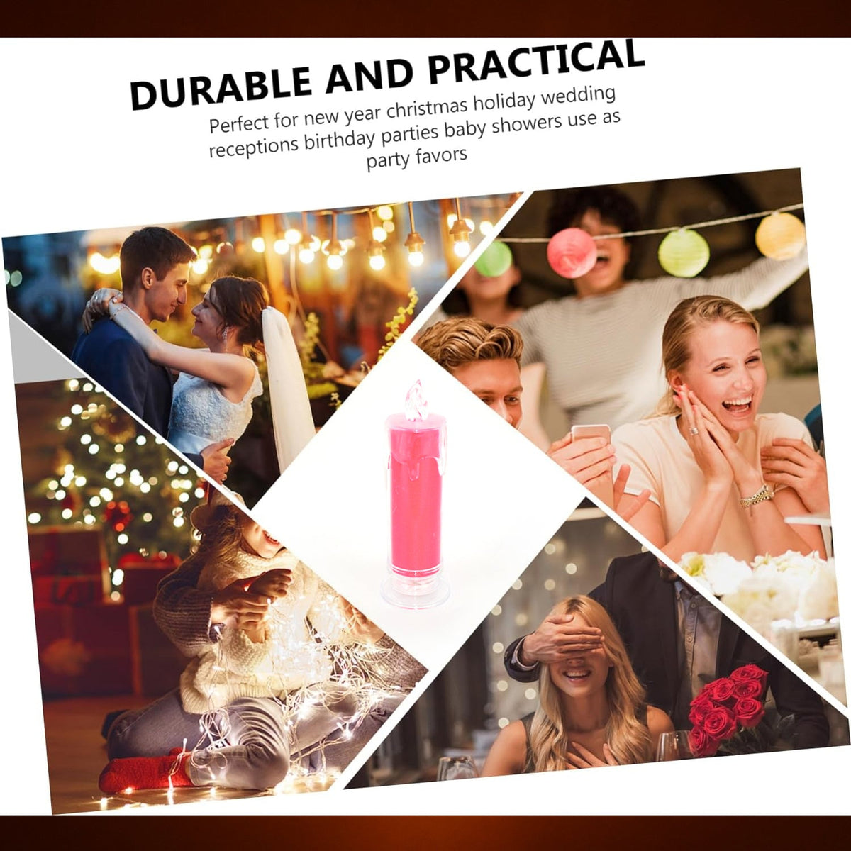 A collage of people celebrating, with a pink LED glitter candle in the center, highlighting its use in parties.