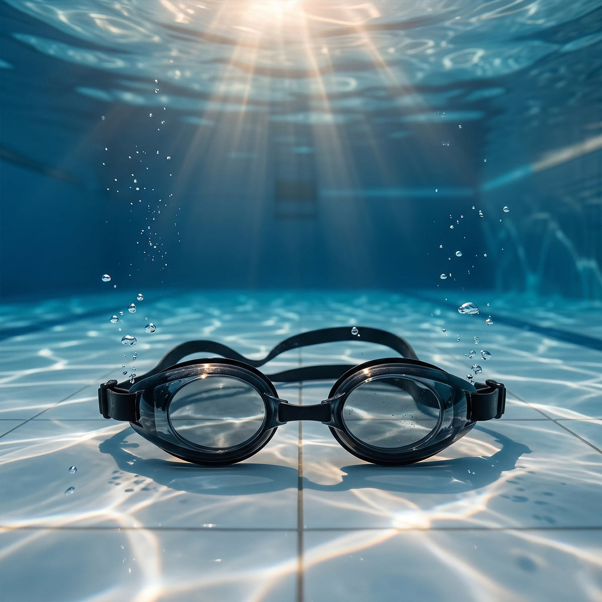 Black swimming goggles sit on the tiled bottom of a swimming pool with sunlight filtering through the water.