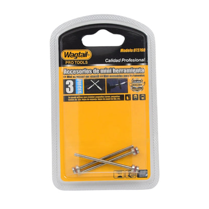 A clear plastic blister pack with a yellow card displays three silver mandrels with red bands, against a white background.
