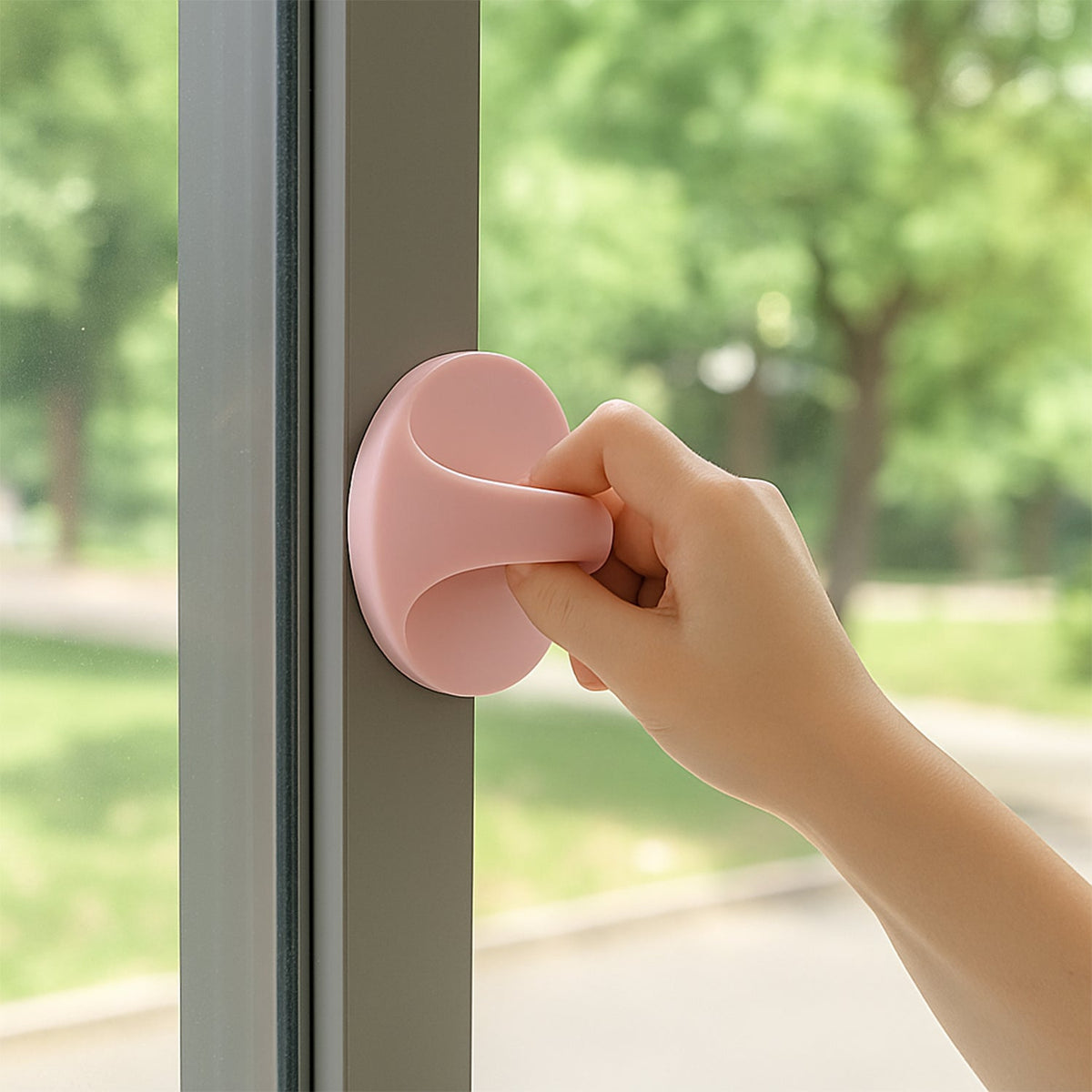 A hand pulls a pink self-adhesive handle attached to a glass door with green trees outside.