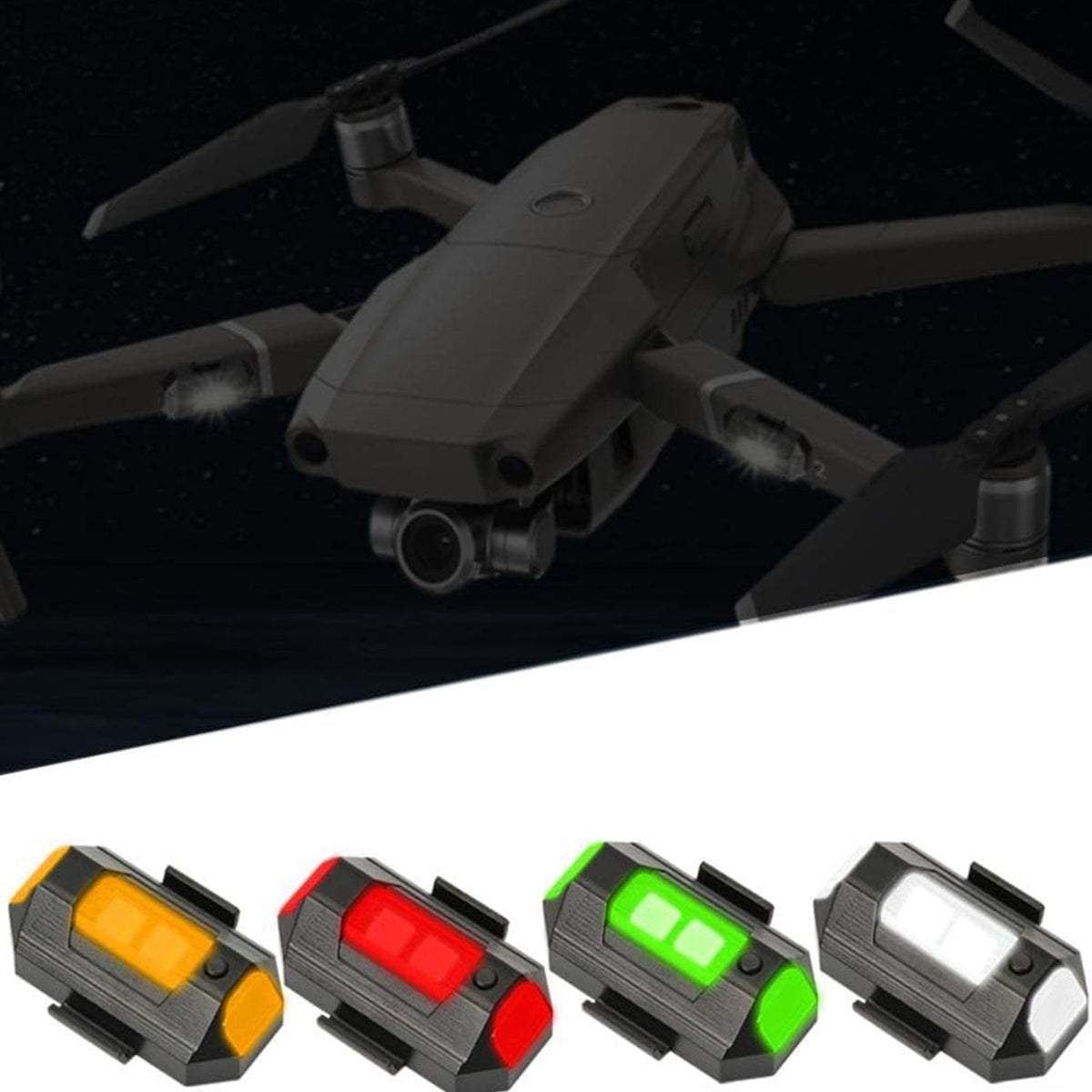 Four multi-color LED strobe lights (orange, red, green, white) in a row, with a drone in the background.