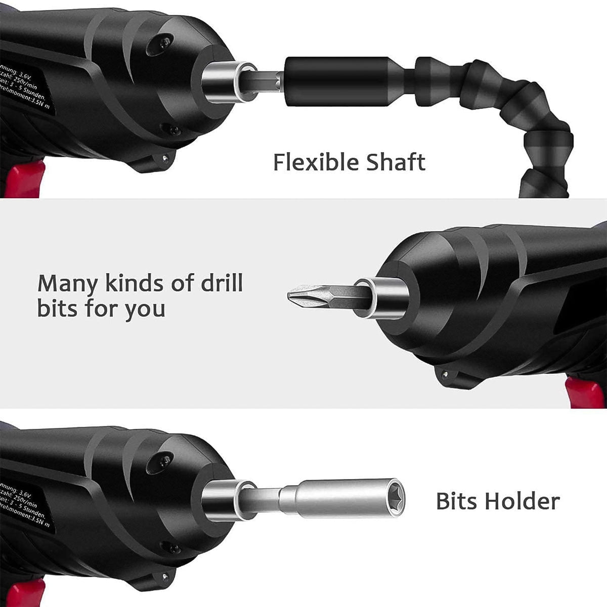 Three close-up images demonstrate the screwdriver's features: a flexible shaft, various drill bits, and a bit holder.