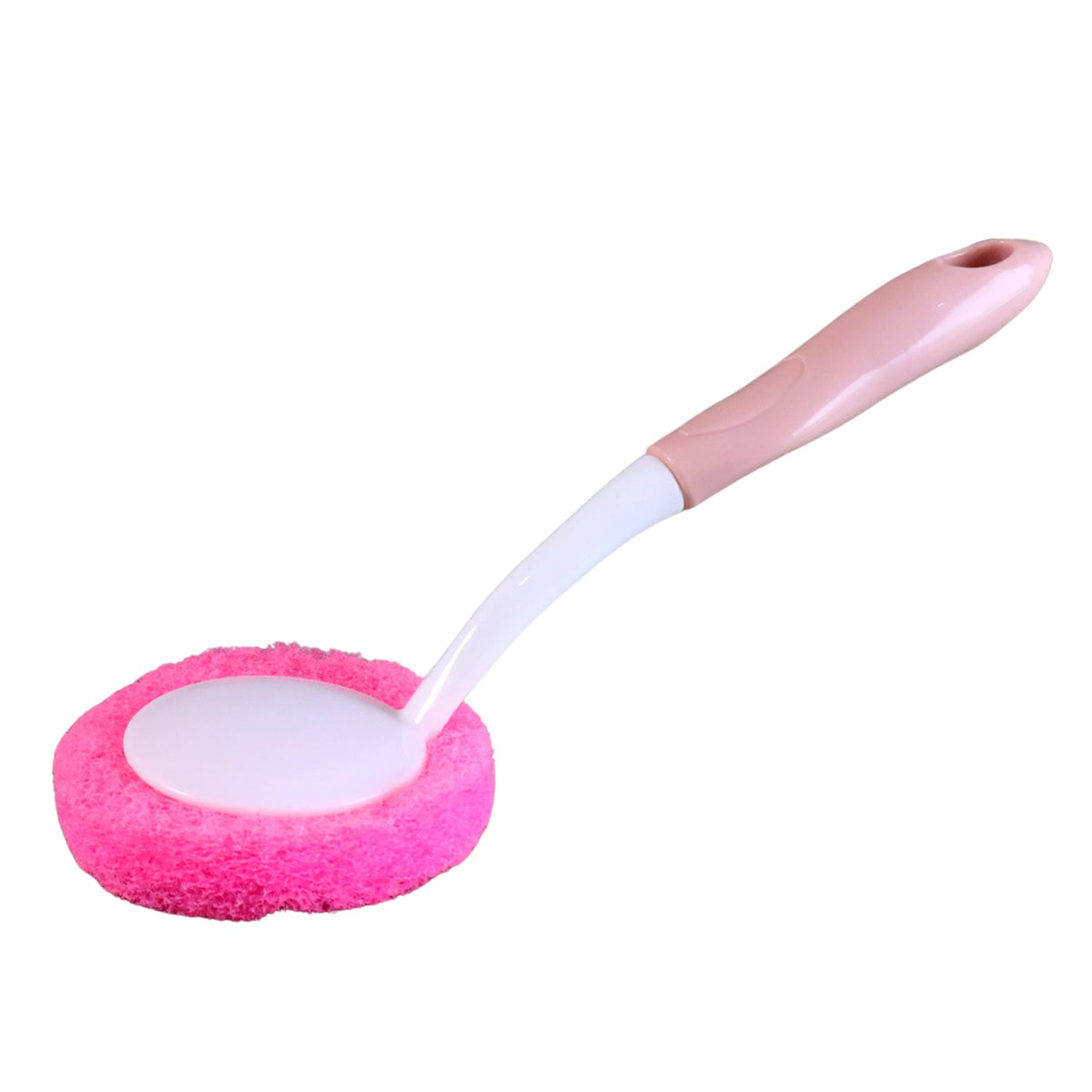 A pink and white long-handled dish scrubber with a round pink scrubbing pad is isolated on a white background.