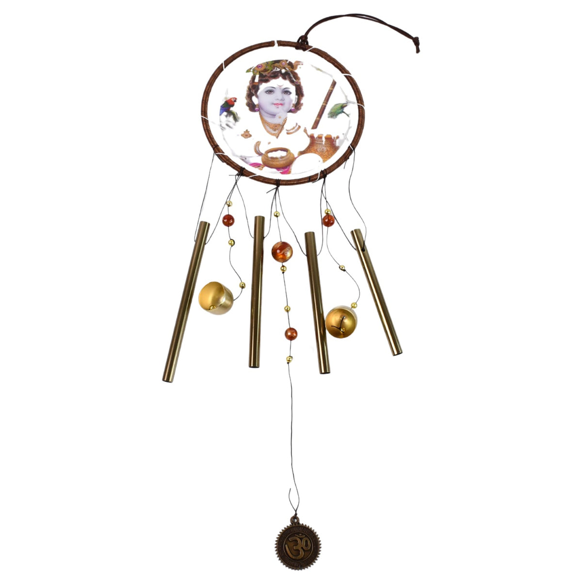 A Krishna wind chime with a brown frame, golden tubes, and an Om charm, displayed against a plain white background.