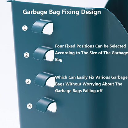 A close-up of the teal holder shows four numbered clips for fixing garbage bags.