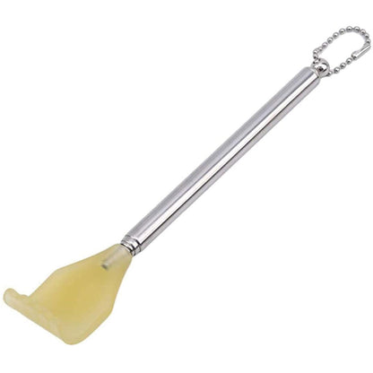A silver telescoping back scratcher with a yellow hand-shaped head and a silver ball chain attached to the handle.