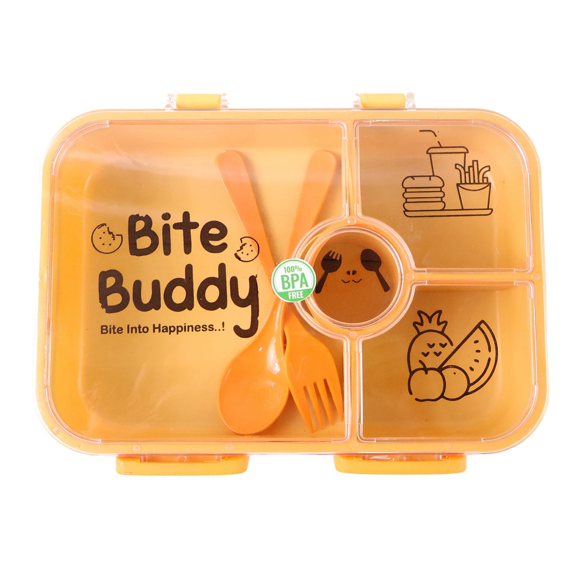 Closed yellow 4-compartment lunch box with clear lid, orange cutlery inside, and cartoon food illustrations.