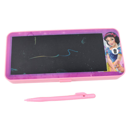 Pink LCD writing tablet pencil case with a Snow White design and a pink stylus on a white background.