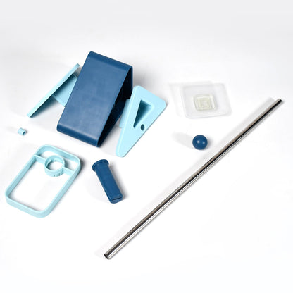 All components of the blue and light blue wall-mounted drying rack disassembled on a white surface.