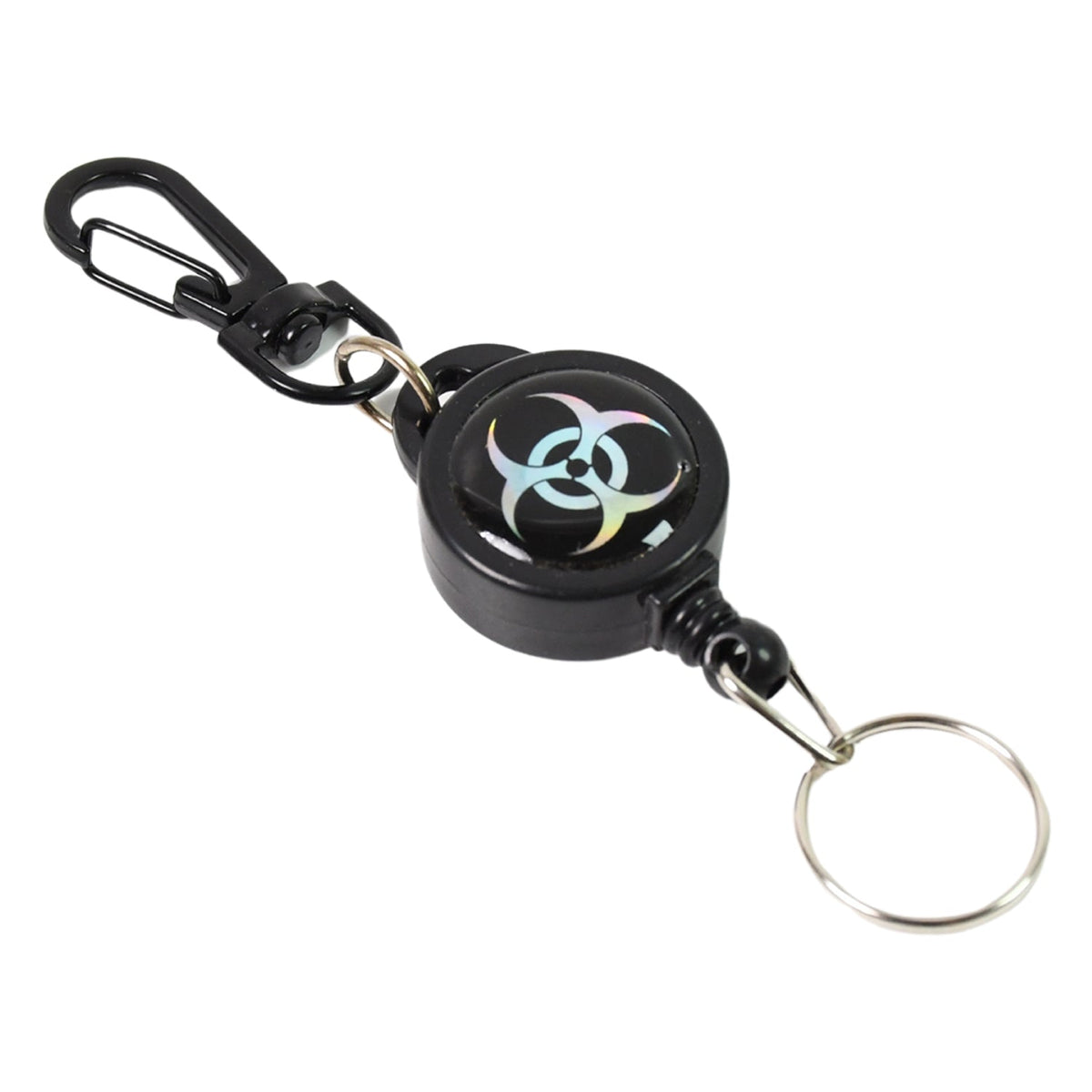 A black retractable keychain with a biohazard symbol on a white background.